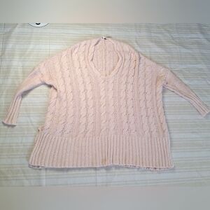 Free People Easy Cable Knit Pink Blush Scoop V Neck Oversized Boho Valentines XS